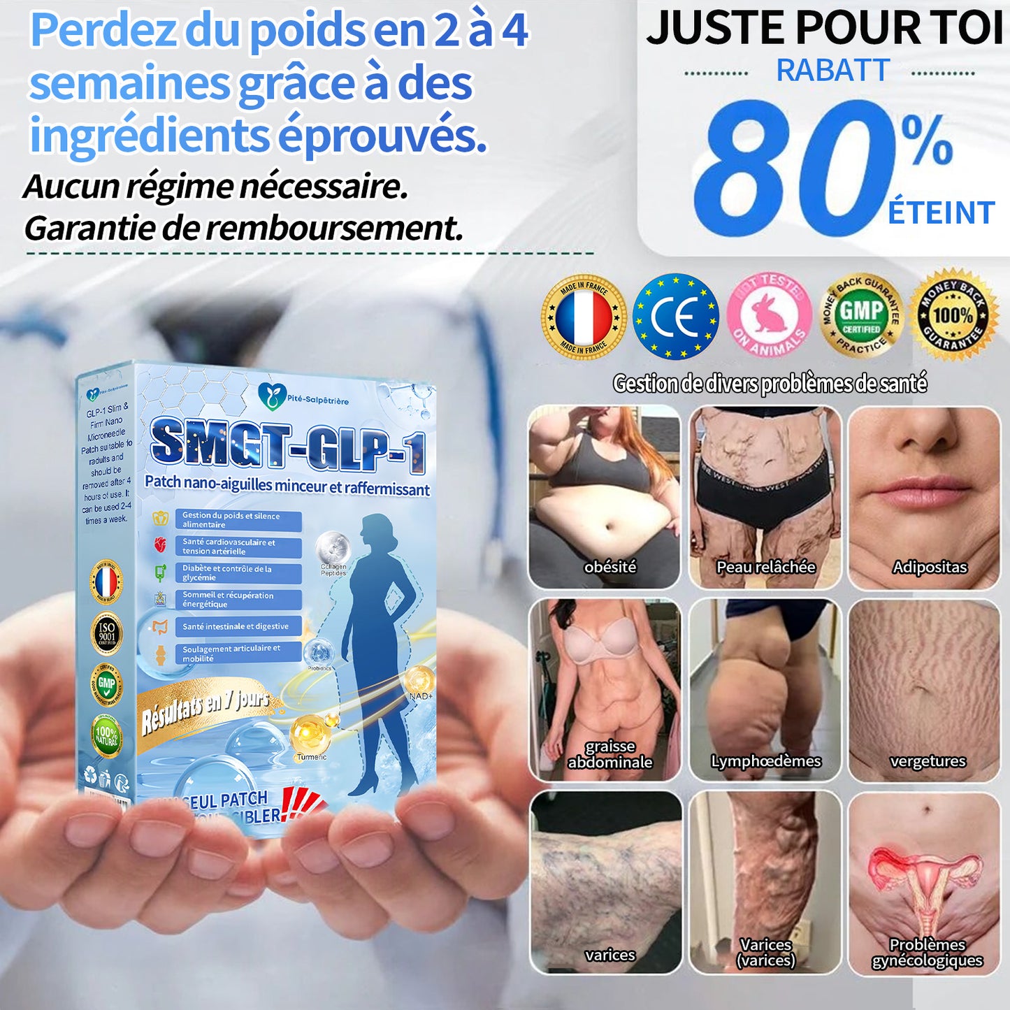 Boutique officielle | Patch nano-micro-aiguilles Pité-Salpétrière GLP-1 Slim & Firm au collagène, curcuma et Matrixyl 3000 pour l'obésité, les maladies cardiovasculaires, le diabète, l'apnée du sommeil, les problèmes articulaires et plus encore.