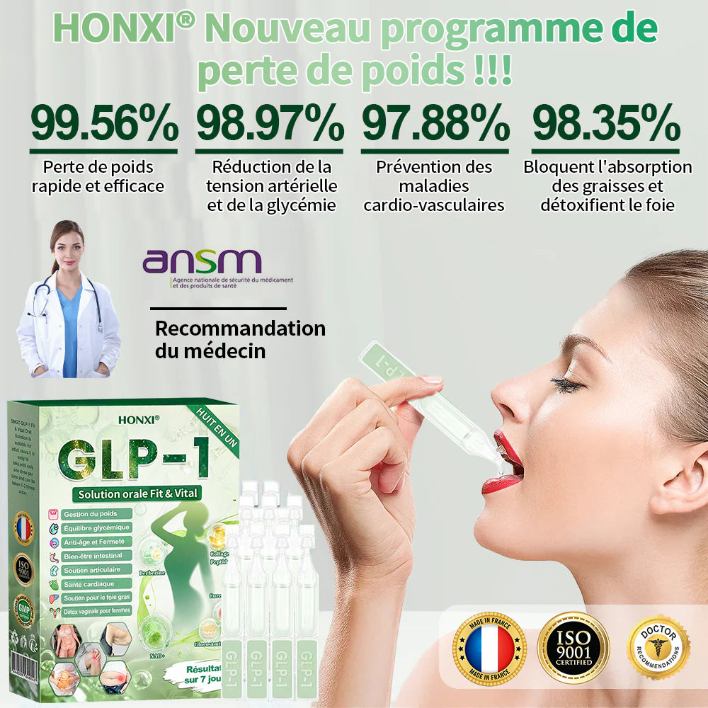 🇫🇷 Honxi® GLP-1 Solution Orale 8-EN-1 Fit & Vital (1 seule prise par jour, résultats visibles en 7 jours) ✅ Pour l’obésité, la santé cardiovasculaire, le diabète, l’apnée du sommeil, la santé intestinale, les problèmes articulaires et plus encore.