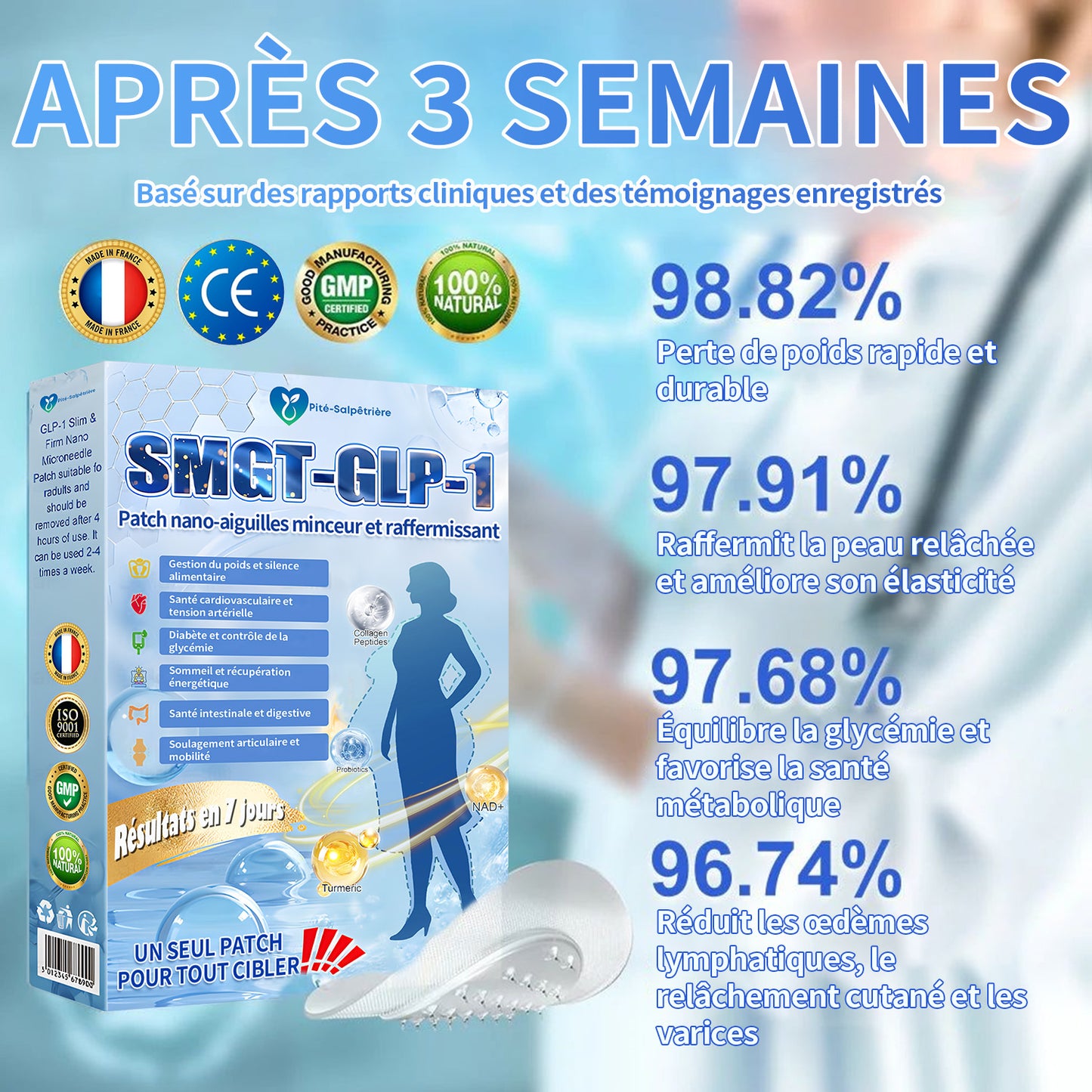 Boutique officielle | Patch nano-micro-aiguilles Pité-Salpétrière GLP-1 Slim & Firm au collagène, curcuma et Matrixyl 3000 pour l'obésité, les maladies cardiovasculaires, le diabète, l'apnée du sommeil, les problèmes articulaires et plus encore.